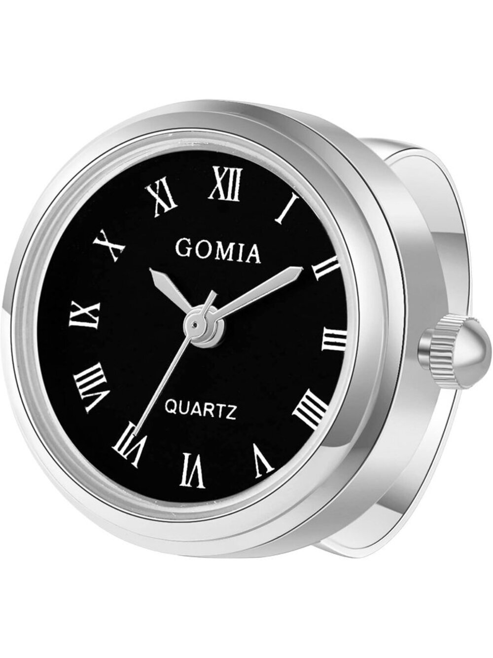 Unisex Silver Black Quartz Roman Numeral Adjustable Open Band Finger Ring Watch
